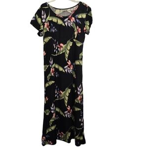 Vintage Tommy Bahama Black Silk Tropical Hawaiian Print Maxi Dress